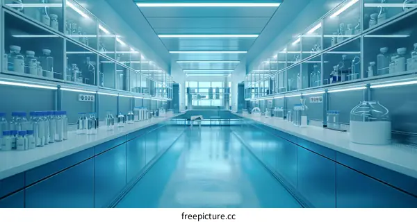 Futuristic Laboratory Interior with Glass Shelves and Blue Lighting