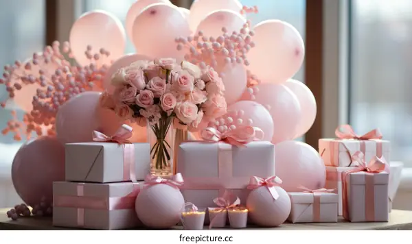 Pink and white birthday party decoration with presents and flowers