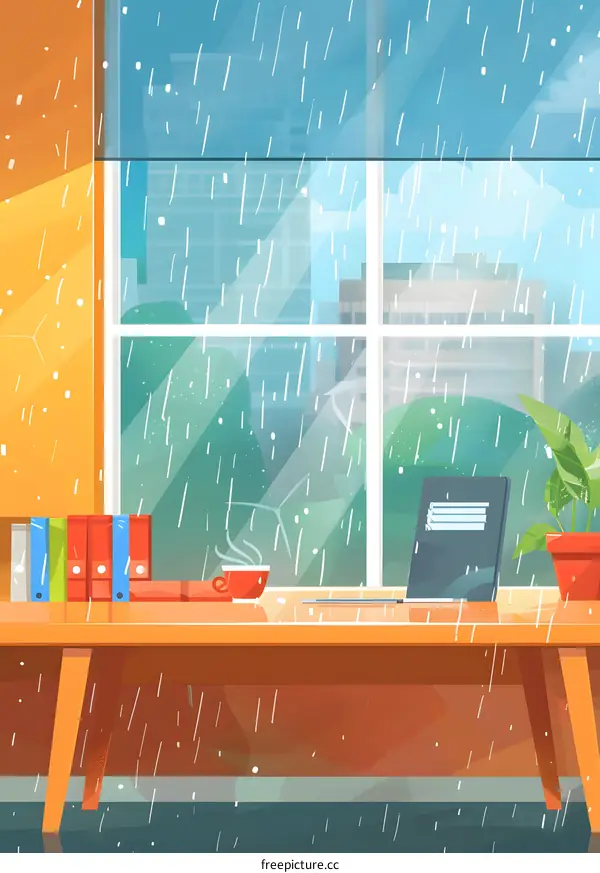 Rainy Day Office Desk Illustration