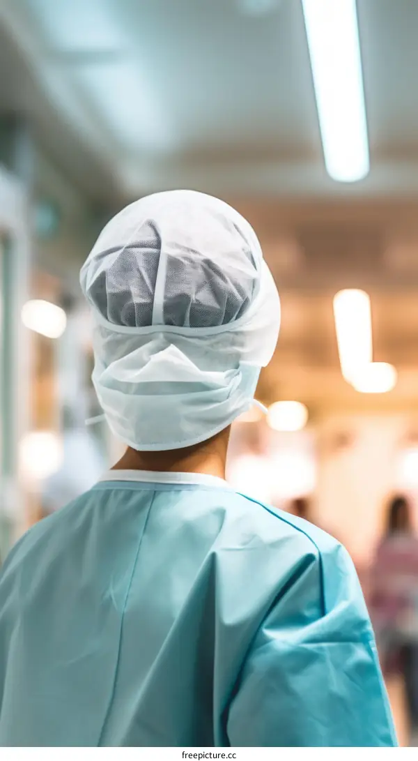 Surgeon in scrubs and surgical cap walks through hospital hallway