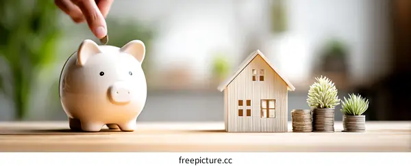 Saving for a House: Piggy Bank and Miniature Home