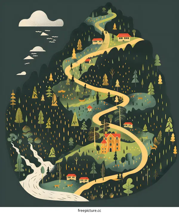 Winding Road Through Green Forest Landscape With Houses