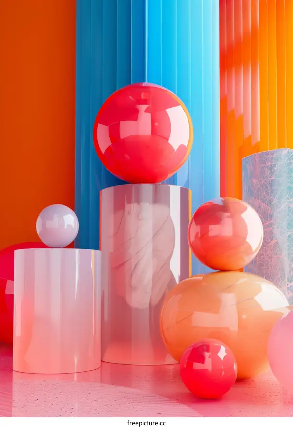 3D rendering of pink and blue geometric shapes