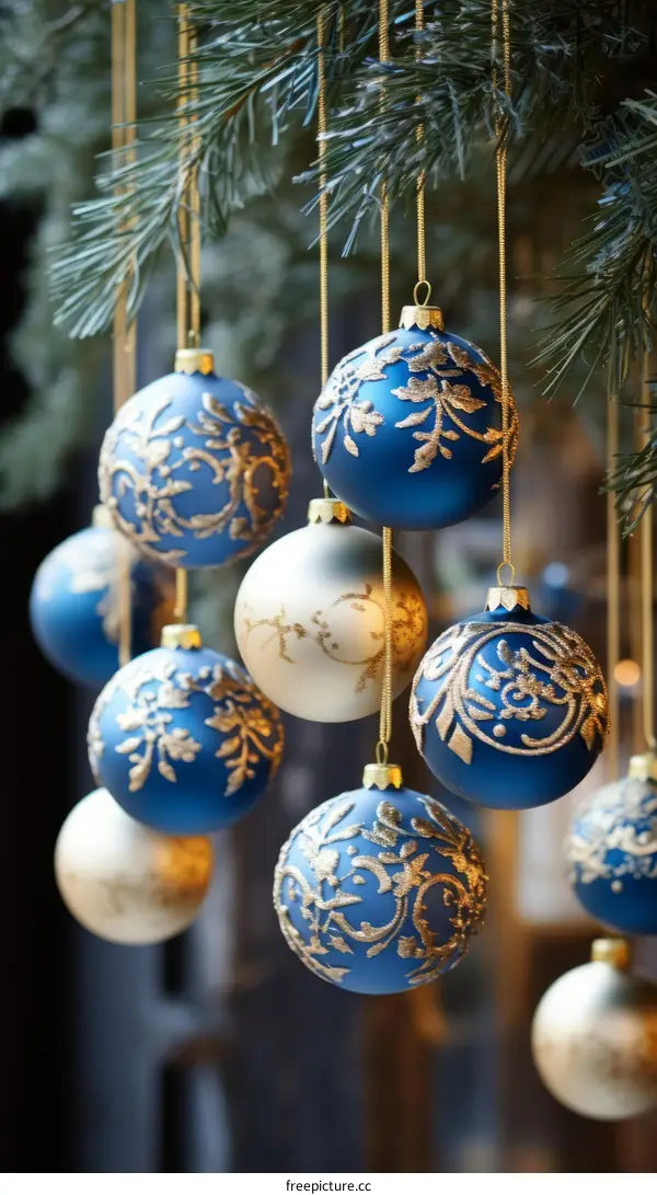 Blue and gold Christmas ornaments hanging from a pine tree