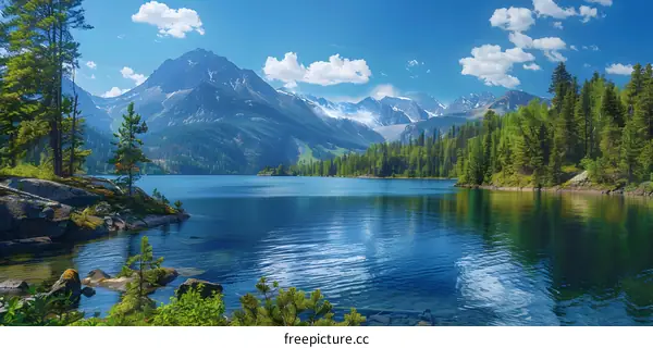 Mountain Lake Scenery With Clear Blue Water And Green Trees