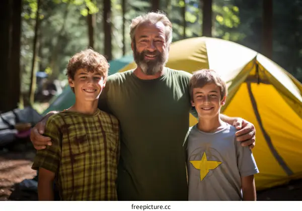 Happy family camping in the woods