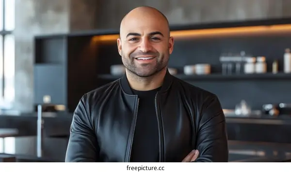 Portrait of a Bald Middle Eastern Man in a Modern Kitchen