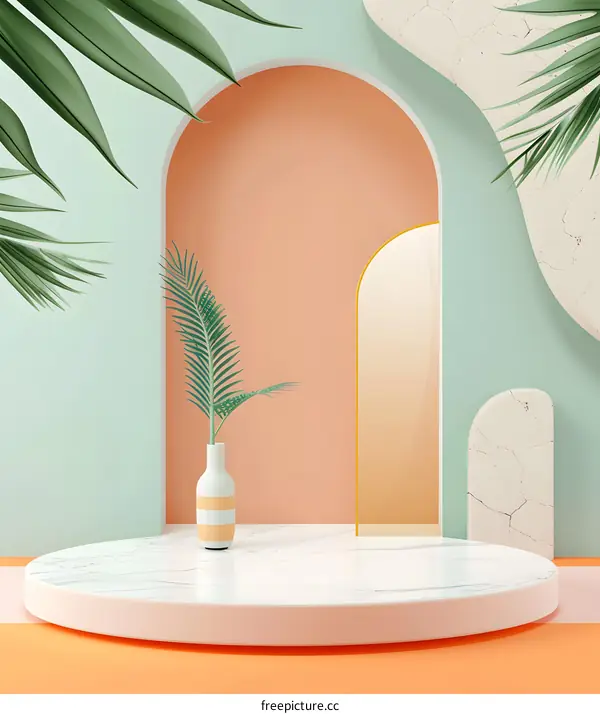 Abstract Minimalist Archway With Palm Leaves And Marble Platform