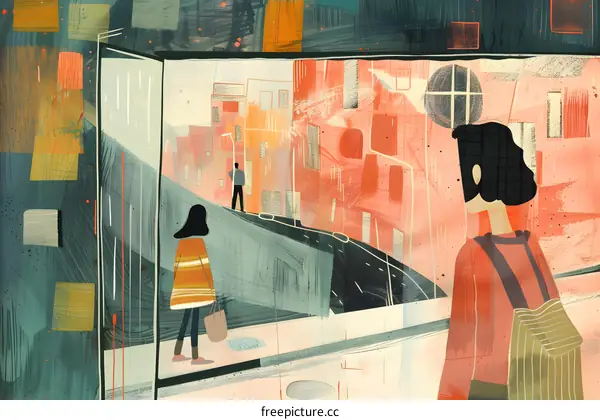 Abstract City Landscape Illustration with Three People