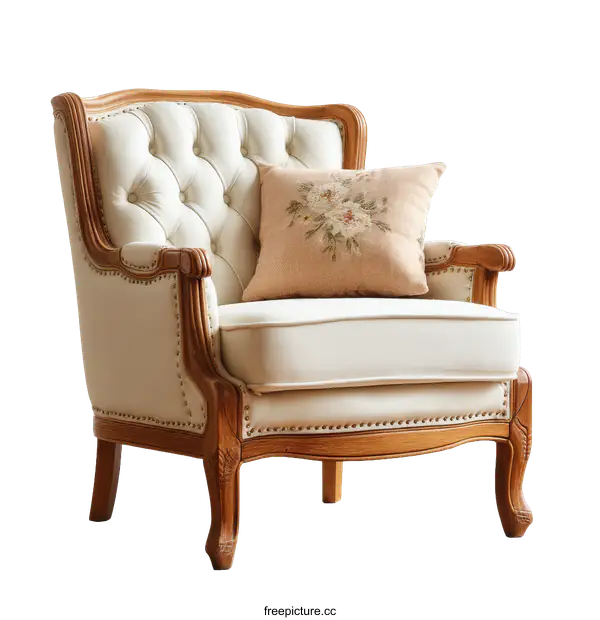 [Transparent Background PNG]Classic Vintage Cream Leather Armchair with Decorative Cushion