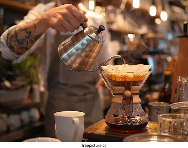 Barista pouring hot water into a coffee filter