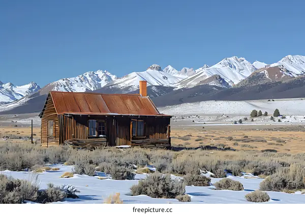 Abandoned Wooden Cabin in Snowy Mountain Landscape