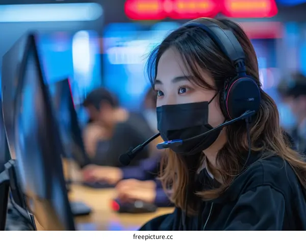 Asian woman wearing headphones and a mask while using a computer