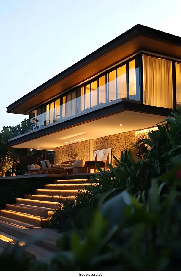 Modern Luxury Villa with Night Lighting and Stone Wall