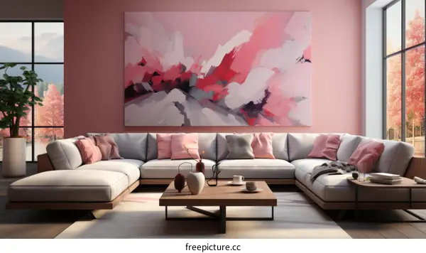 A pink living room with a large abstract painting on the wall