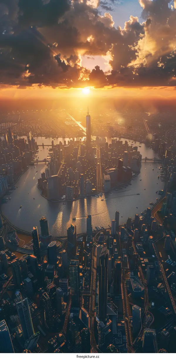 Aerial View of Modern City Skyline at Sunset