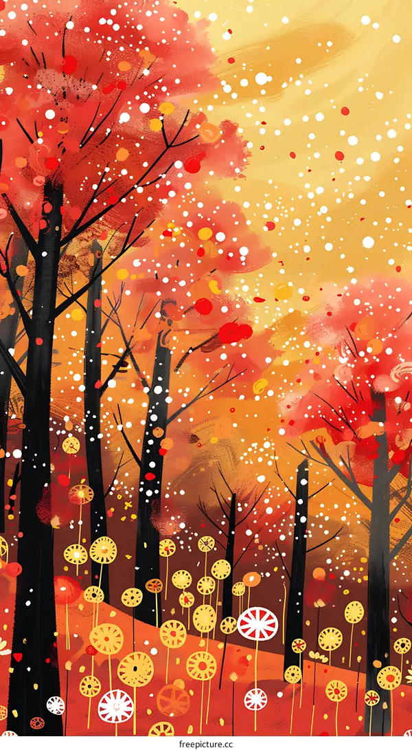 Autumn Forest Illustration With Abstract Flowers