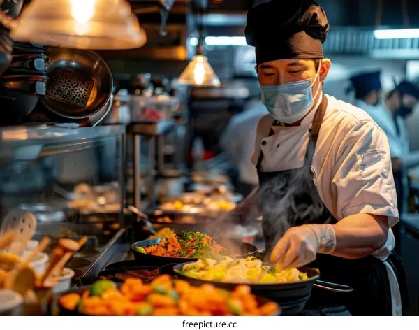 Asian chef wearing a mask and gloves cooking in a commercial kitchen