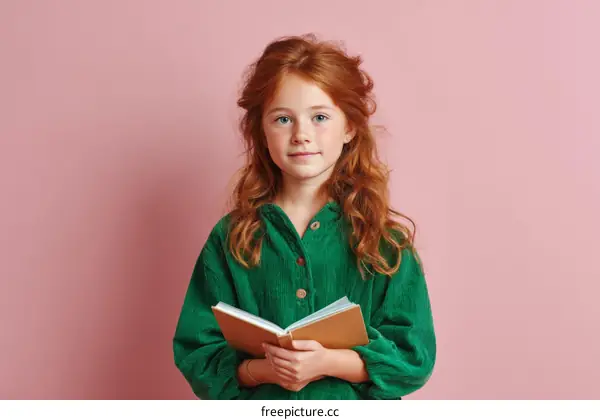 Girl Holding Book on Pink Background
