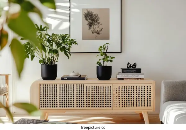 Modern Living Room with Wooden Cabinet and Plants