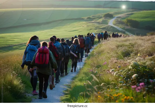A group of hikers walk along a path in the countryside