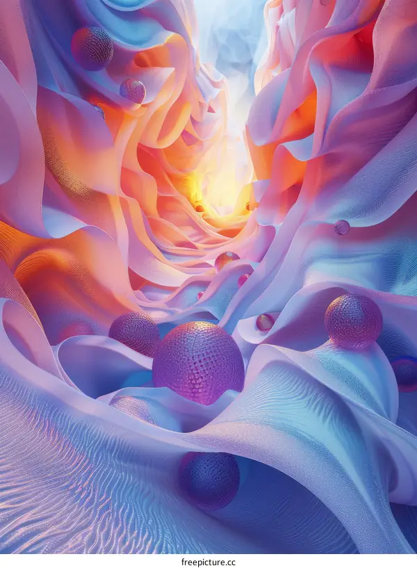 Colorful abstract 3D rendering of a curved tunnel with glowing spheres