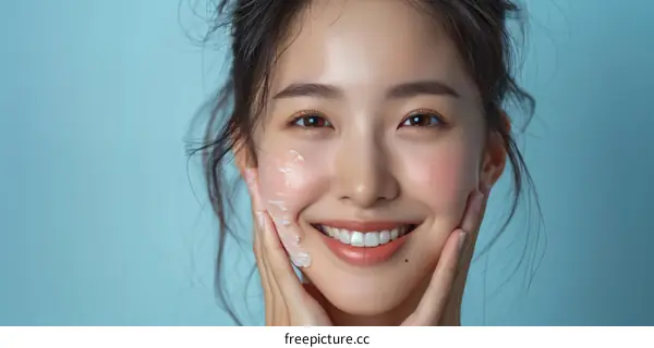 Asian woman applying cream on her face