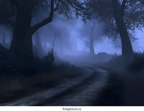 Dark Forest Path with Fog