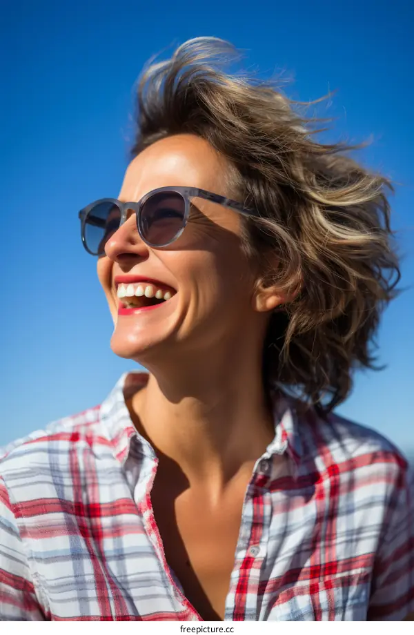 Portrait of a happy young woman laughing with the wind in her hair