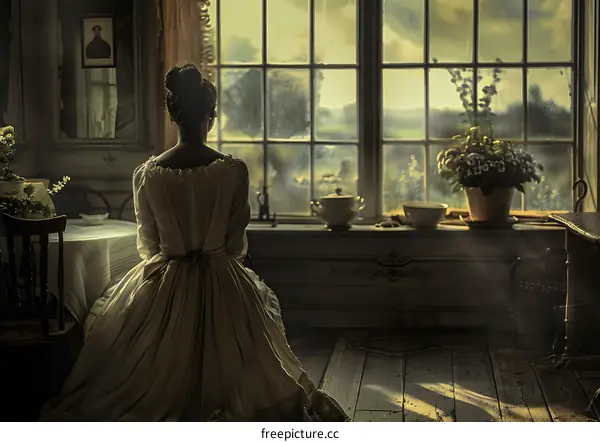 A solitudinous black woman sits on the wooden floor by the window