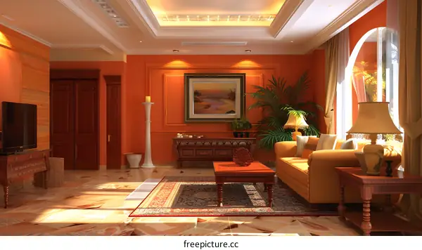 Modern Living Room Interior Design With Orange Walls And A Large Rug