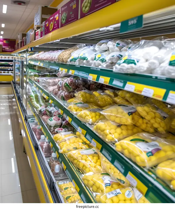 Supermarket Shelves Filled With Yellow And White Food Products