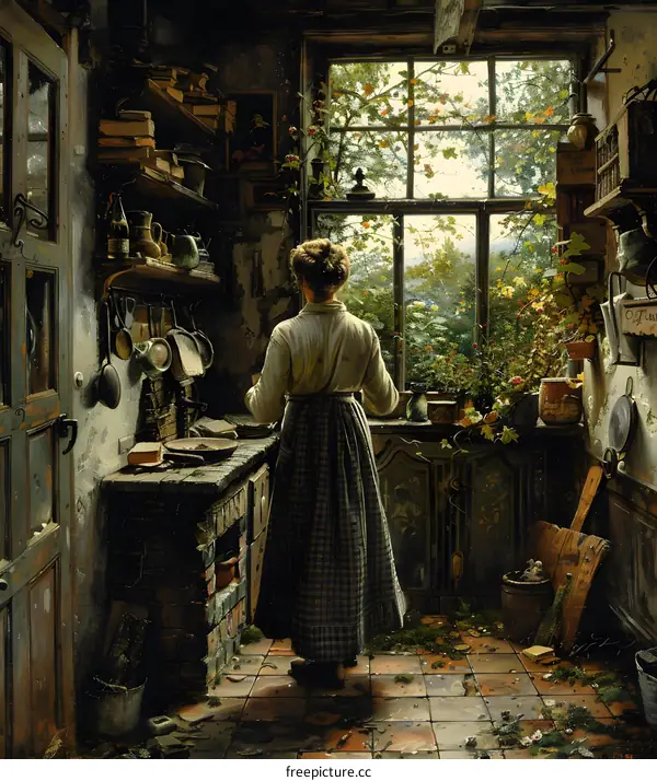 A woman standing in a kitchen looking out the window
