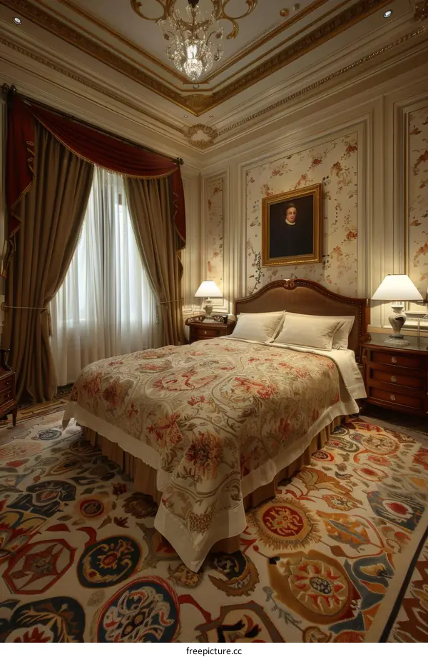 Elegant Bedroom Interior Design with Floral Patterned Bedspread