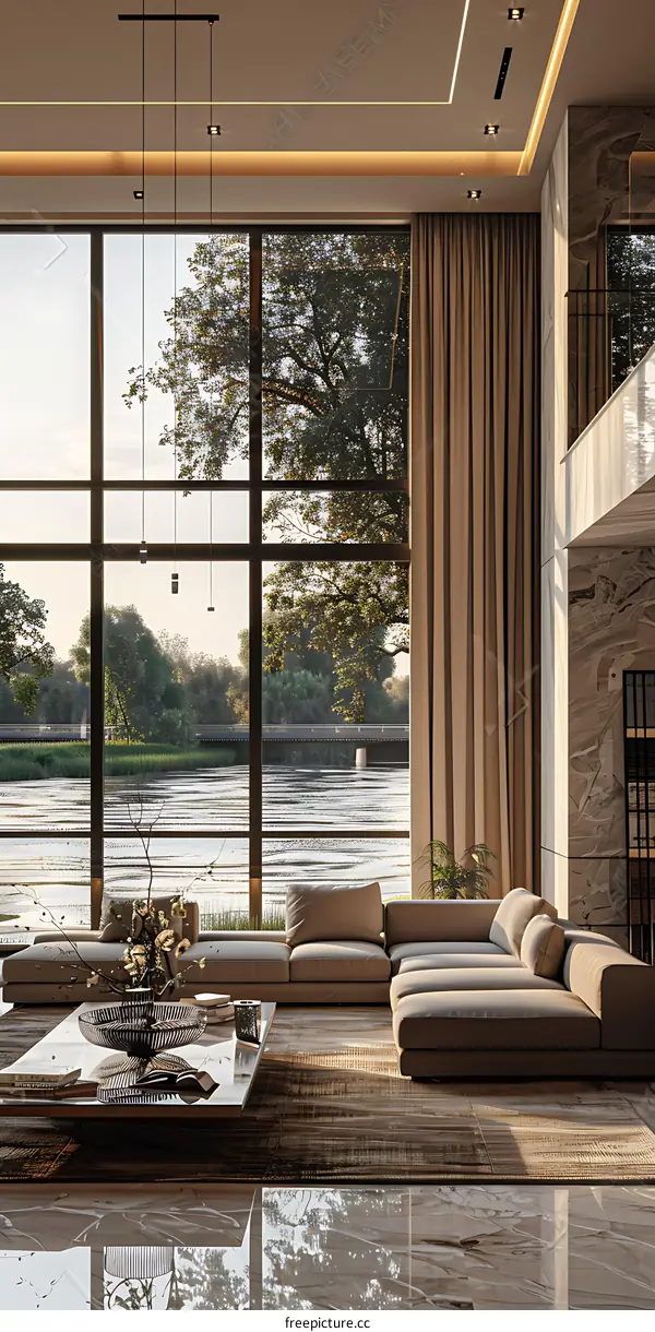 Modern living room with large windows overlooking a lake