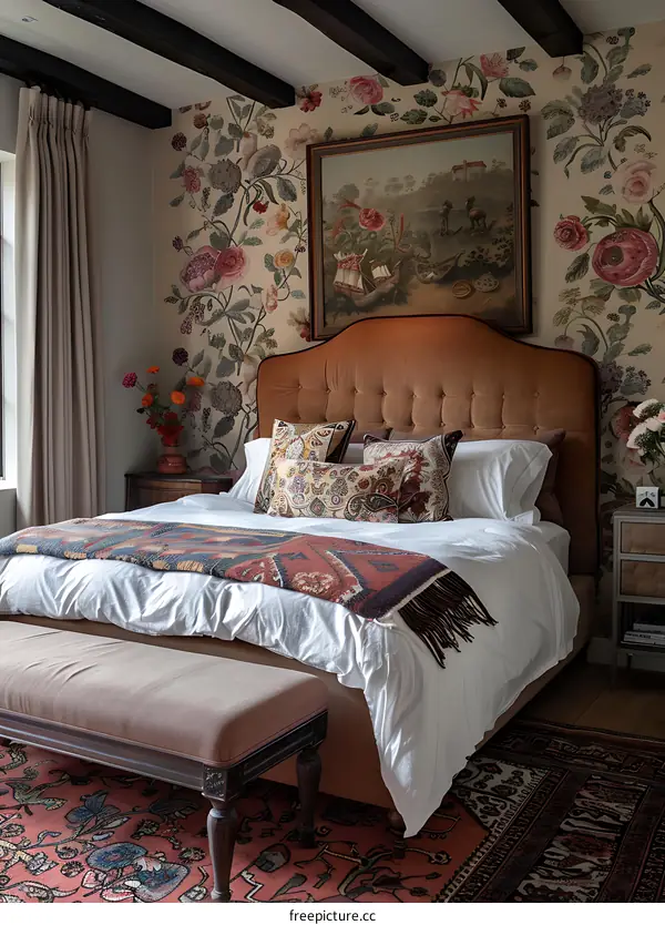 A bedroom with a British country style