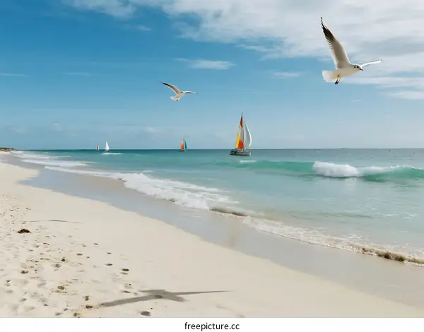 Beautiful beach with clear blue water and sailing boats under sky