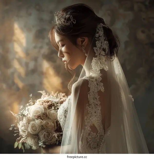 Asian bride wearing a white wedding dress and holding a bouquet of flowers