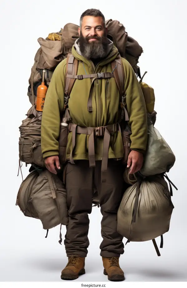 A man with a large backpack is standing in front of a white background
