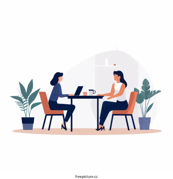 Two businesswomen sitting at a table and talking