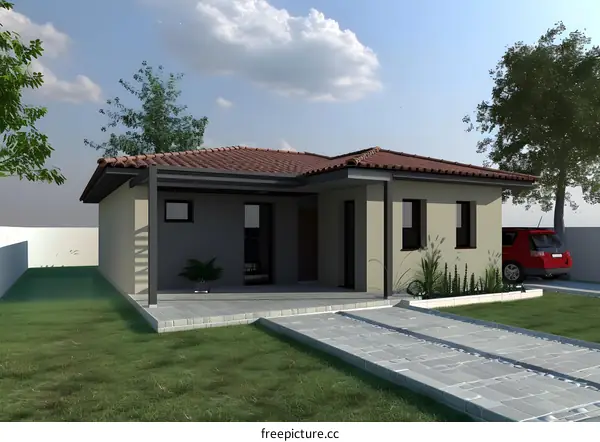 Modern House Design with Red Roof and Green Lawn