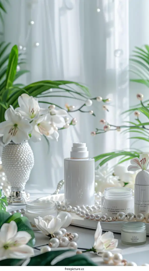 Still life photography of a skincare product with flowers