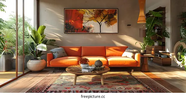 A modern living room with a large orange sofa, a coffee table, a rug, and several plants.