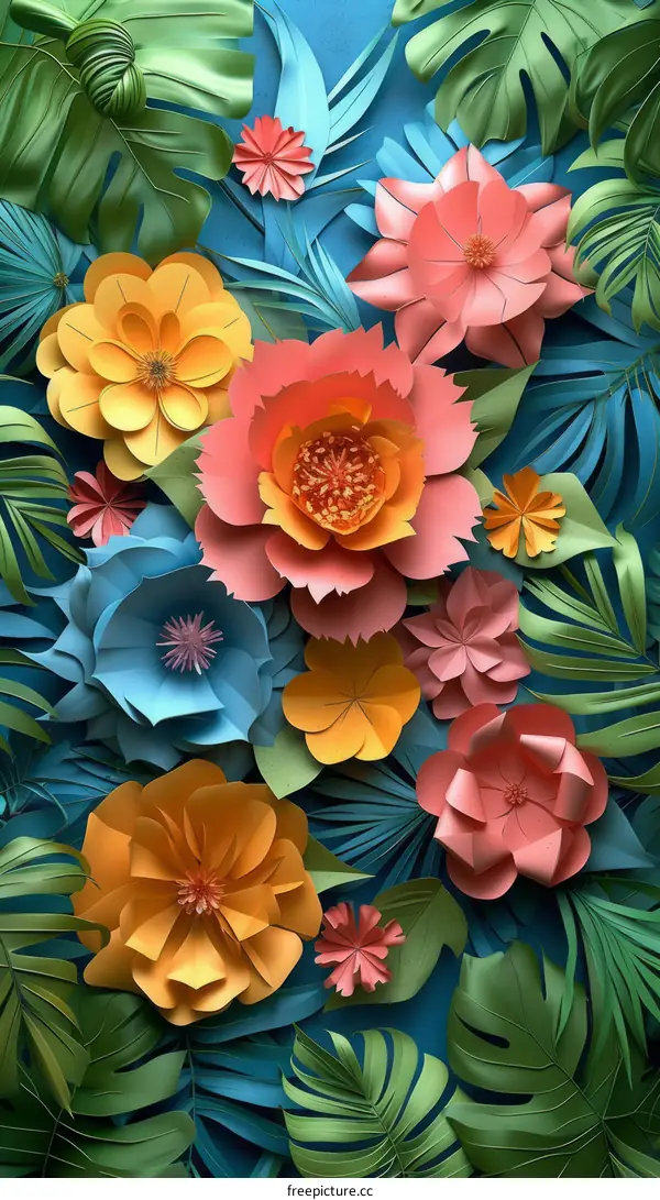 Vibrant paper flowers and leaves create a colorful background