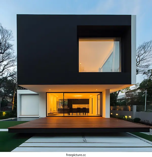 Modern Black House with Large Windows and Wooden Deck