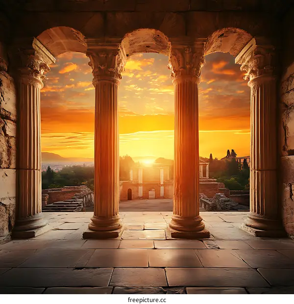 Ancient Roman Columns Sunset View
