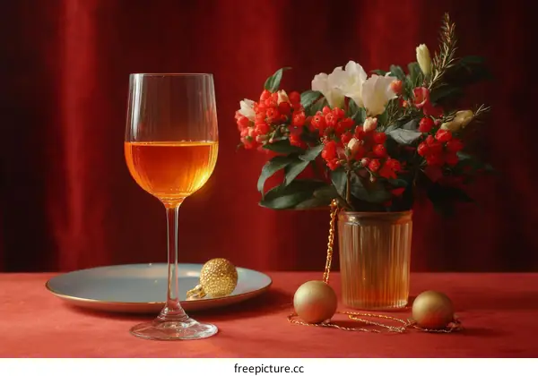 Elegant Festive Table Setting with Wine and Flowers