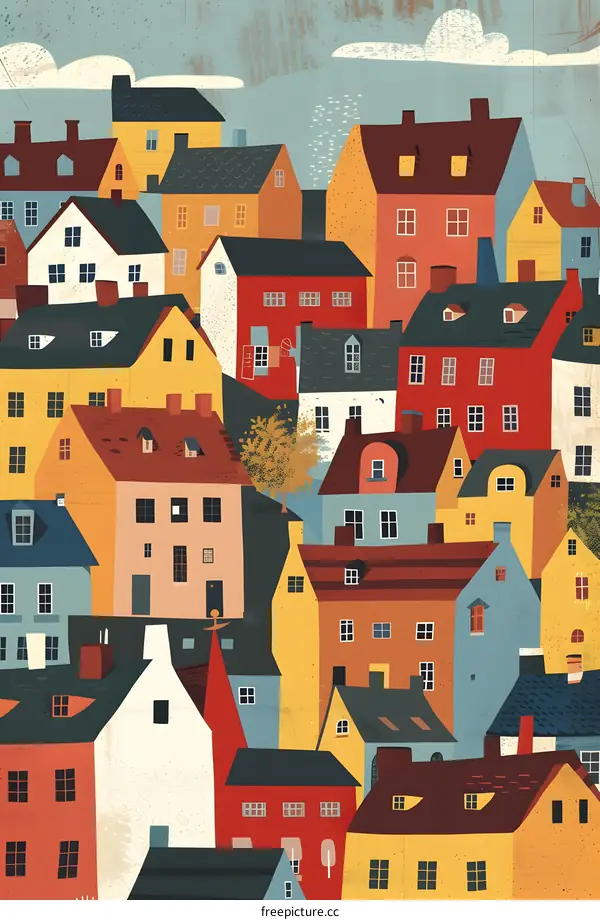 Colorful Illustration of a Cityscape with Houses