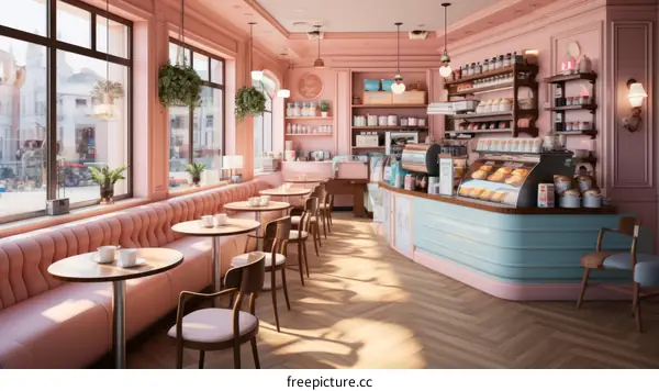 Retro Cafe Interior Design with Pink and Blue Accents