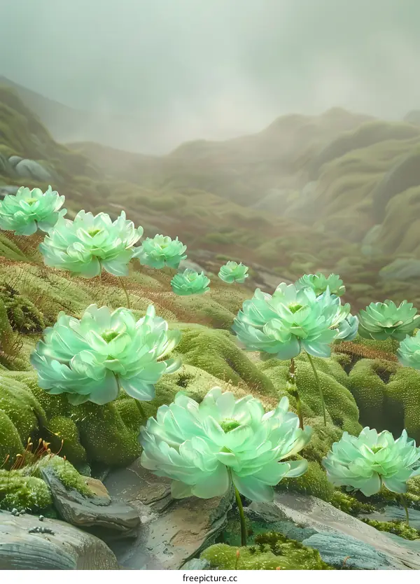 Green Flower Field Landscape With Mountains in Background